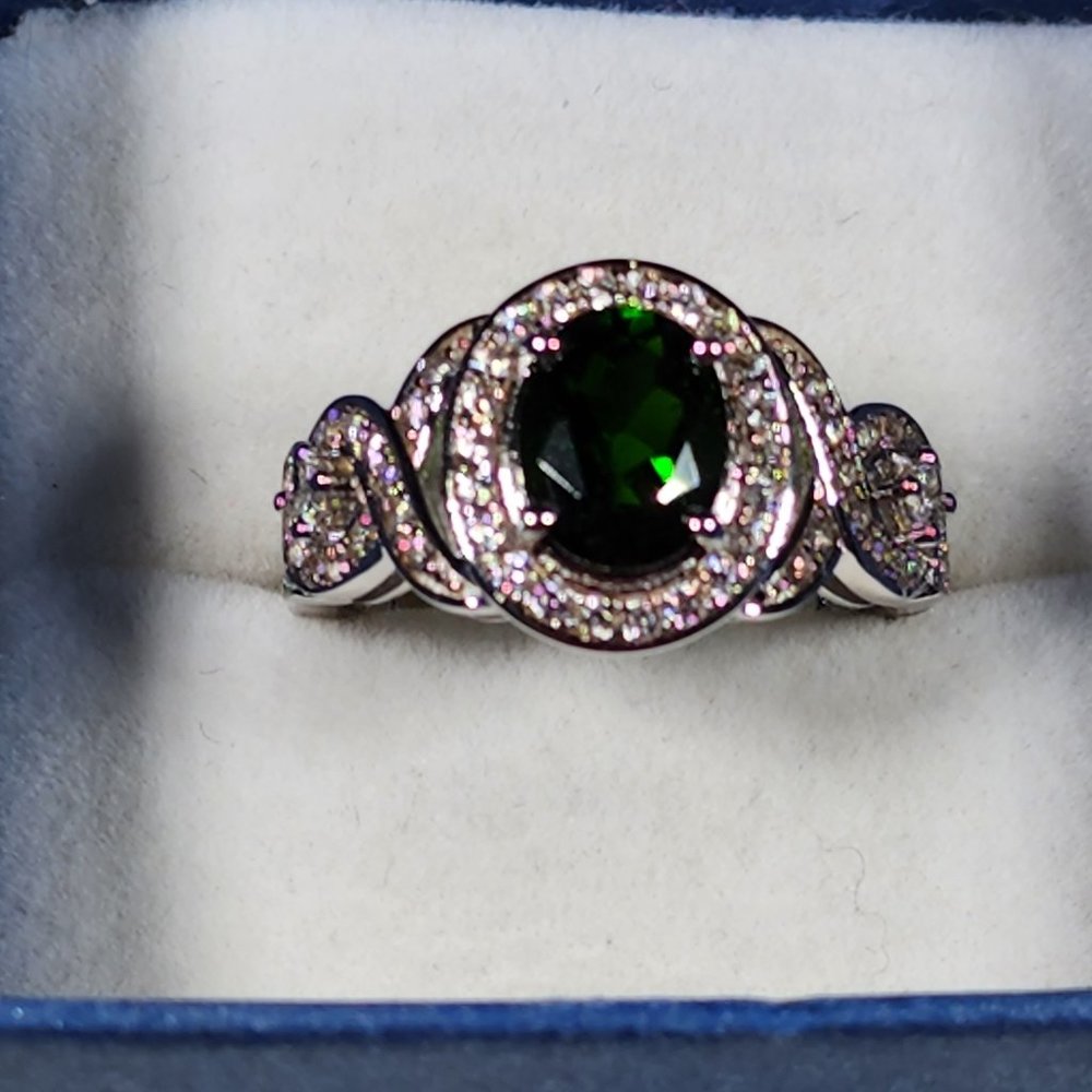 Russian Chrome Diopside & White Zircon fancy halo ring in Plat/925 SS 3.2ct sz 8